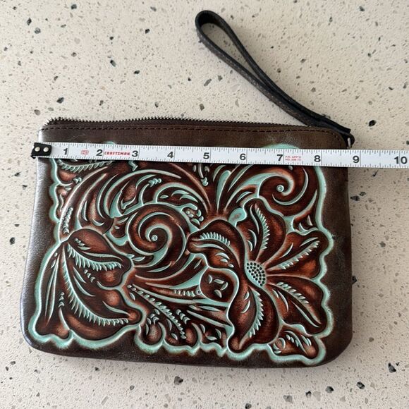 Patricia Nash Cassini Wristlet Leather Brown Turquoise Tooled Floral Zip Closure - Picture 6 of 12